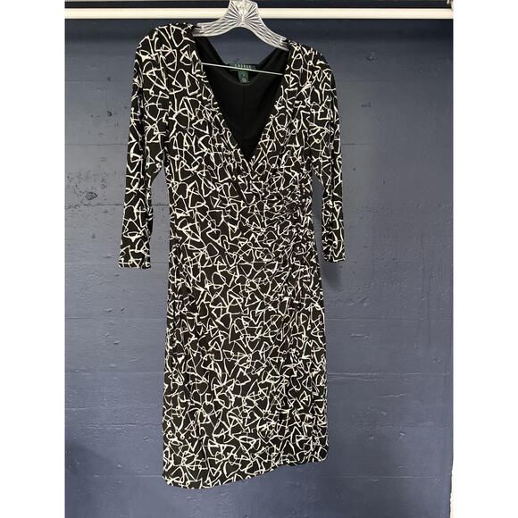Lauren Ralph Lauren Dress Womens 8 Black White Ruched Wrap Abstract Print Midi - Picture 1 of 6